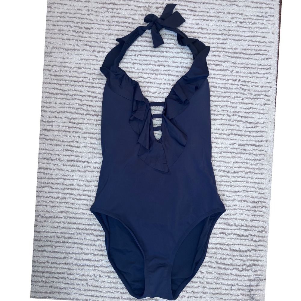Bleu Rod Beattie Black Ruffle Halter One Piece Swimsuit Womens Feminine 6 NEW